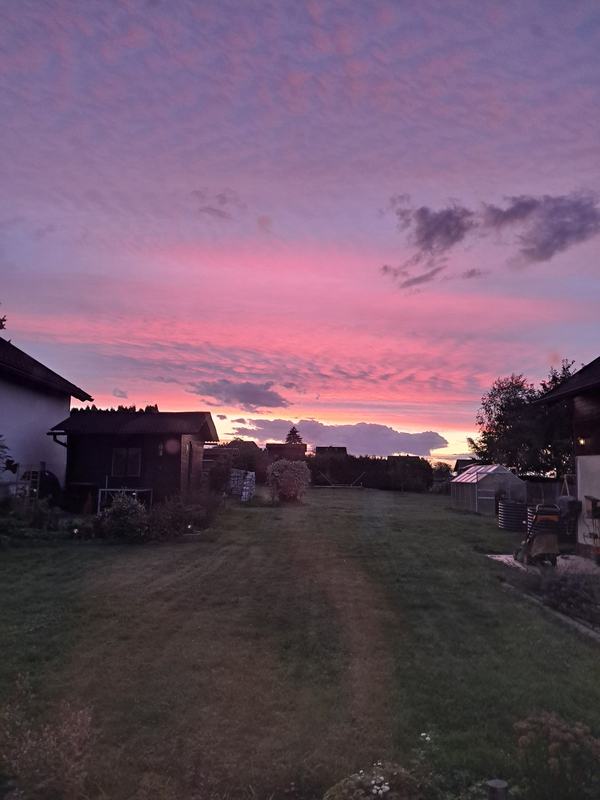 Abendhimmel über dem Garten mit Gartenhaus