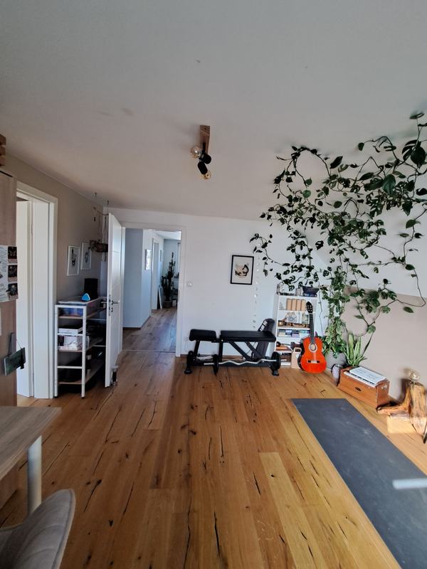 Raum mit Parkett und Blick in den Gang